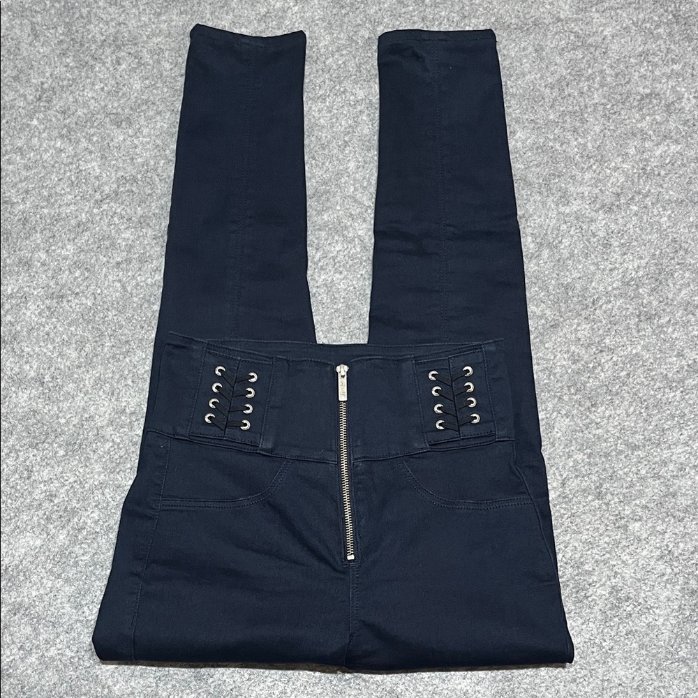 Karen Millen Navy High-Waist Lace-Up Jeggings with Front Zip